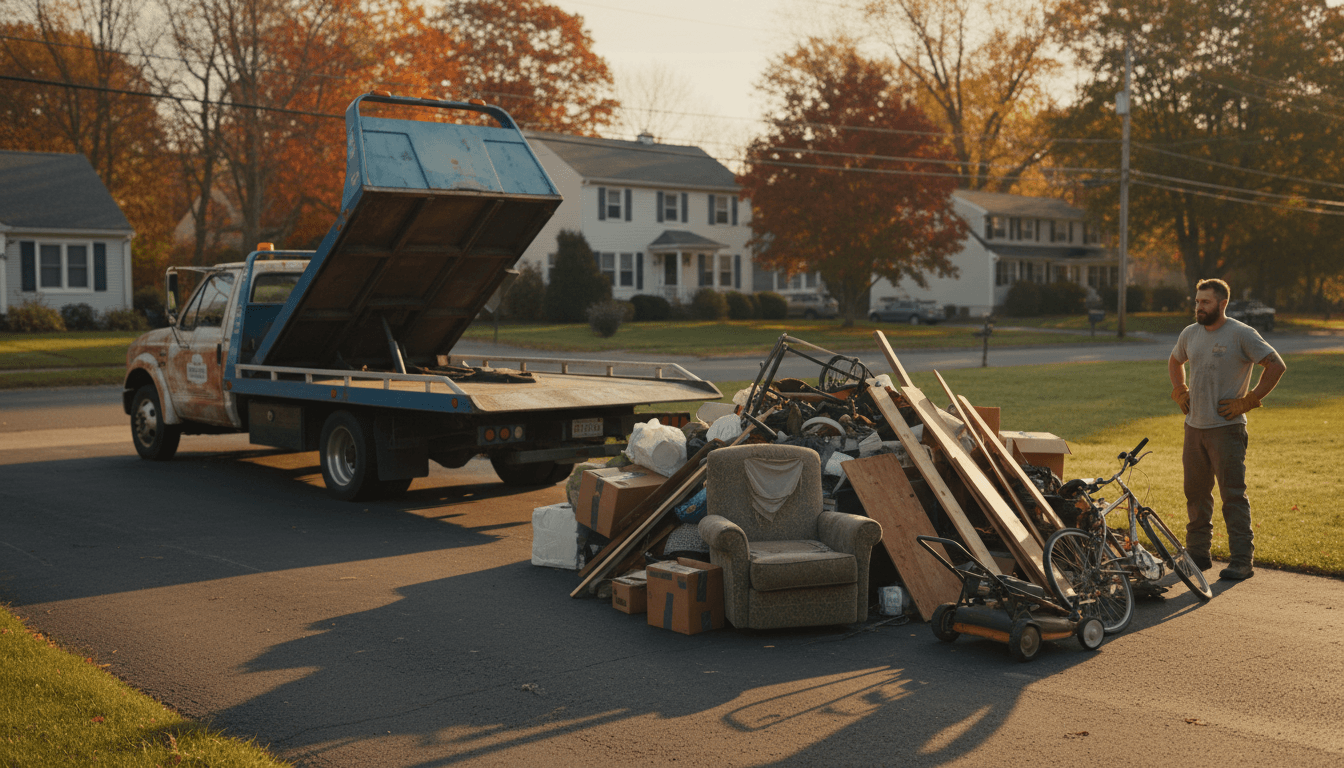 Tow truck parked beside a pile of junk in a residential driveway