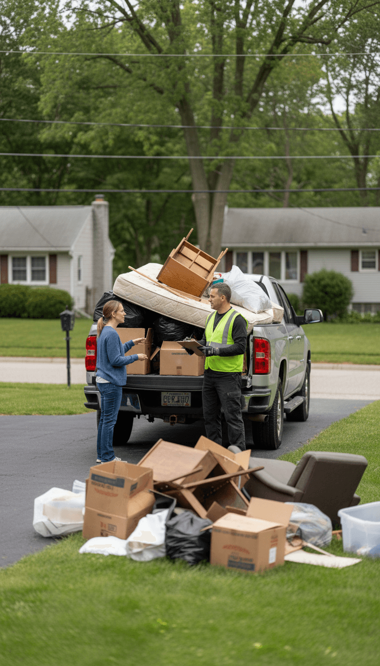 Junk removal worker loading a pickup truck with old furniture in a residential driveway