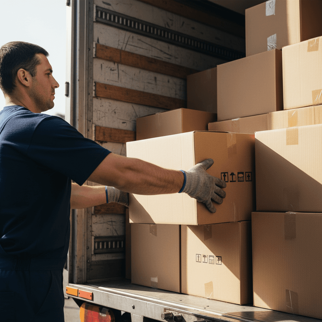 Moving stacked boxes out of an office