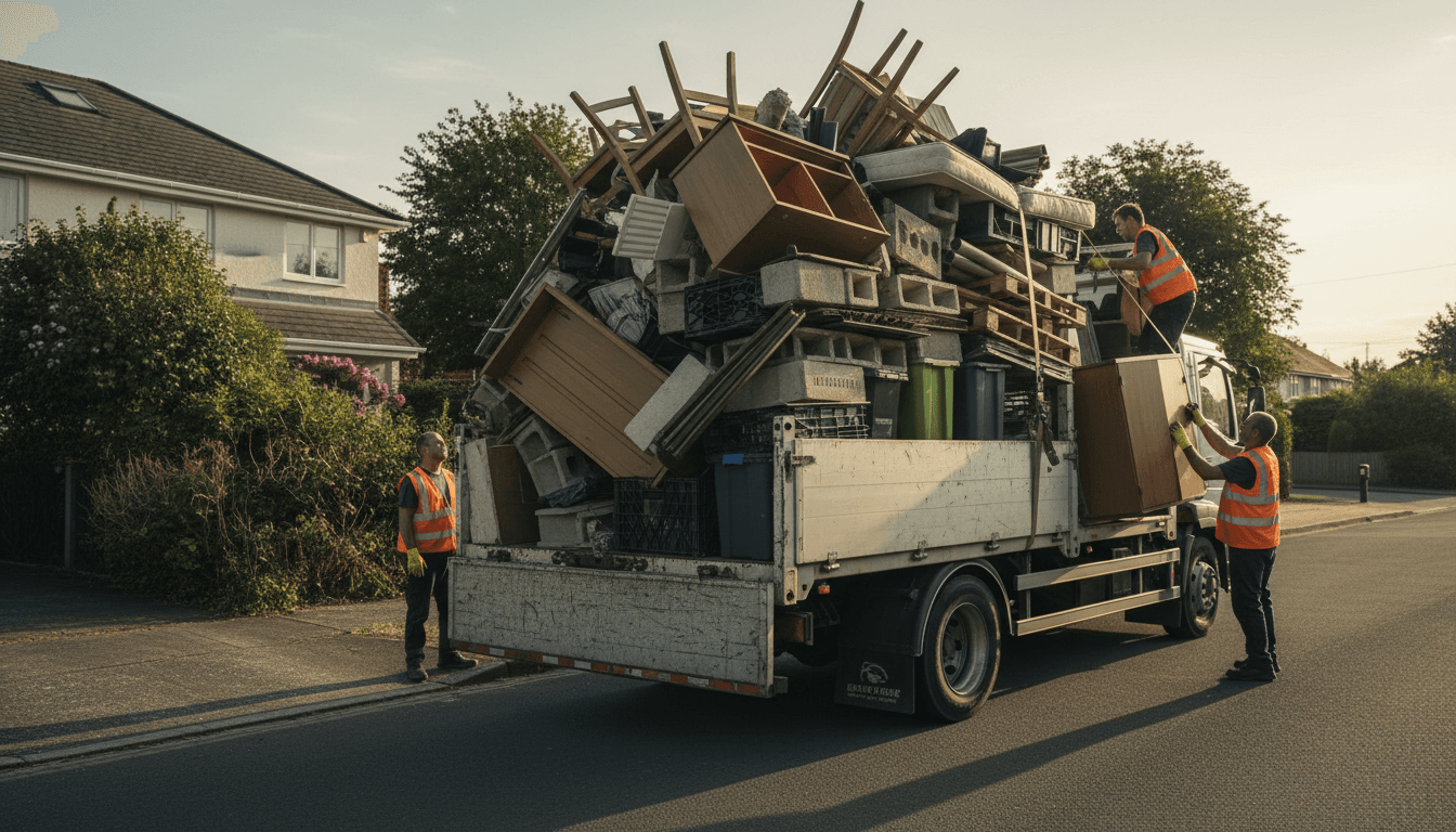 Hauling truck loaded with junk and debris