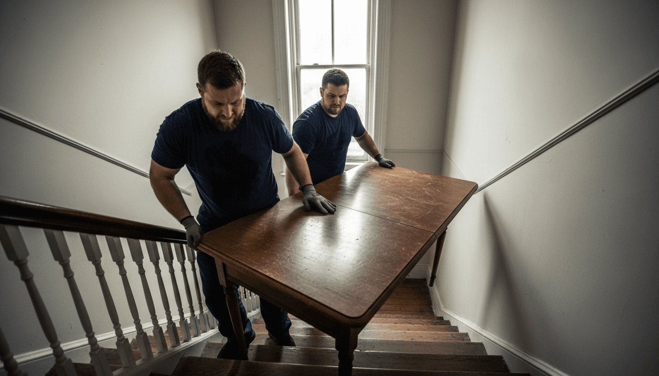Two workers hauling a dresser off a porch